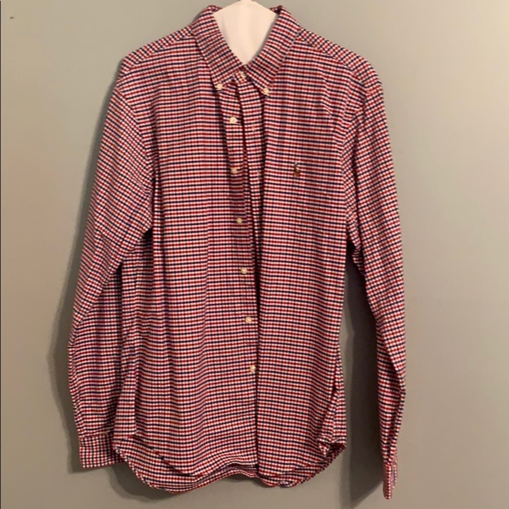 Blue red and white checkered dress shirt